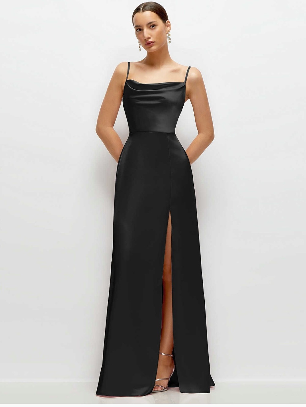 Dessy Elegant Black Satin Maxi Dress with Front Slit